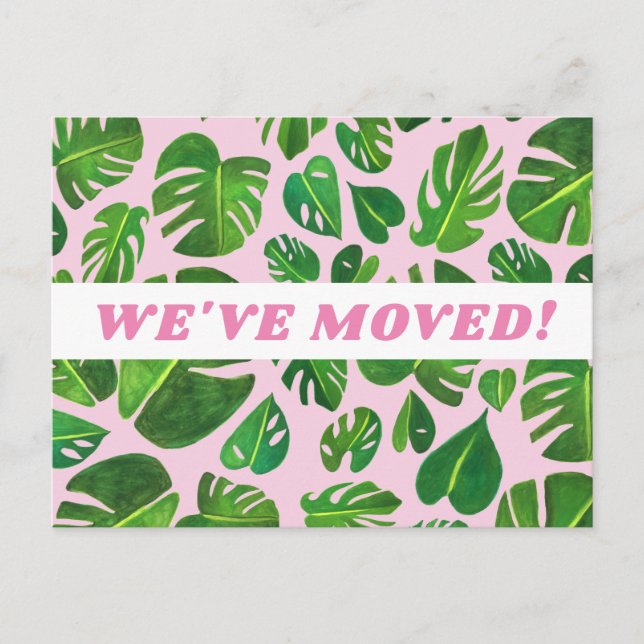 MOVING ANNOUNCEMENT Monstera Leaf Watercolor Pink Postcard (Front)