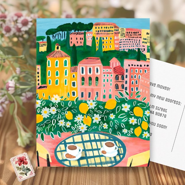 MOVING ANNOUNCEMENT New Apartment Address Balcony Postcard (MOVING ANNOUNCEMENT New Apartment Address Balcony Art Painting Cityscape Flowers Postcard
)