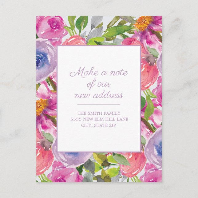 Moving Announcement Pink Purple Watercolor Floral Postcard (Front)