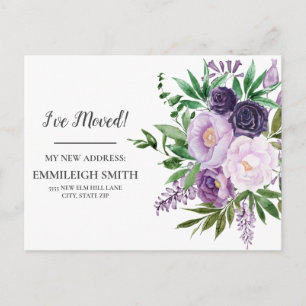 Moving Announcement Purple Flowers White  Postcard