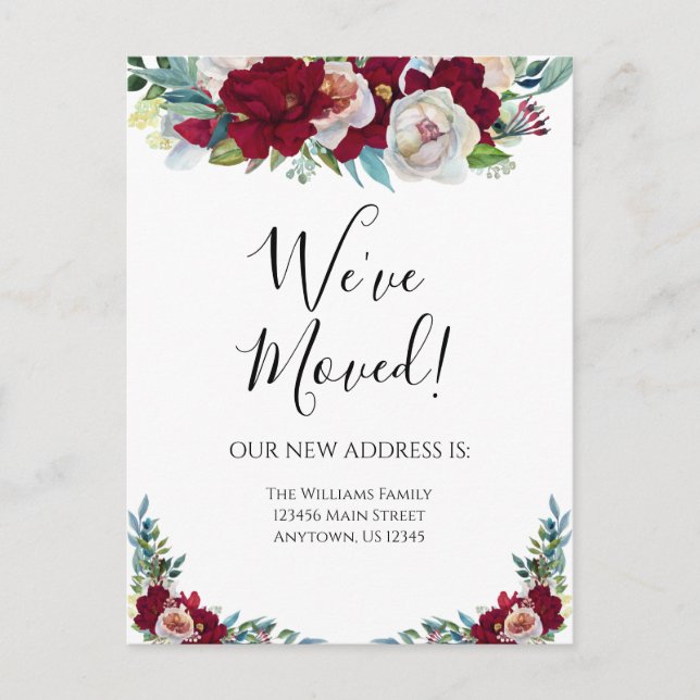 Moving Announcement Red Burgundy Flowers Floral Postcard (Front)