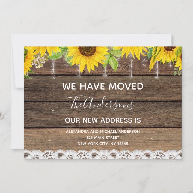 Moving Announcement Rustic Sunflower Wood (Front)