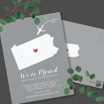 Moving Announcement State Pennsylvania Post Card<br><div class="desc">Moving Announcement | State Pennsylvania, Modern moving announcement featuring the state of Pennsylvania, with a red heart & aeroplane set on a grey background. The background colour can be changed easily by clicking personalise and then click to customise further to view our colour picker. From there you can also move...</div>