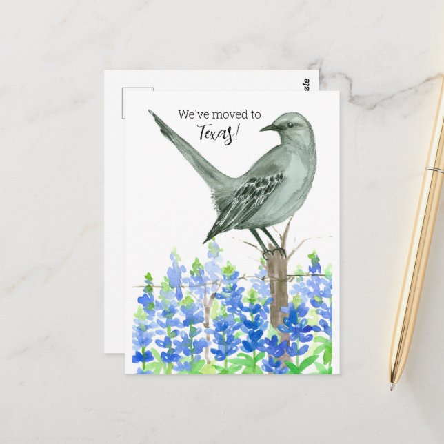 Moving Announcement Texas Mockingbird Bluebonnets Postcard (Front/Back In Situ)