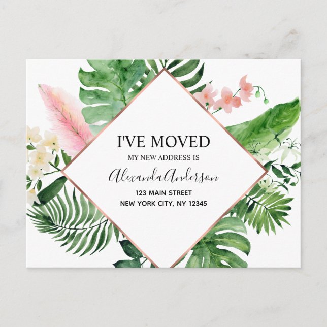 Moving Announcement Tropical Floral Watercolor Postcard (Front)