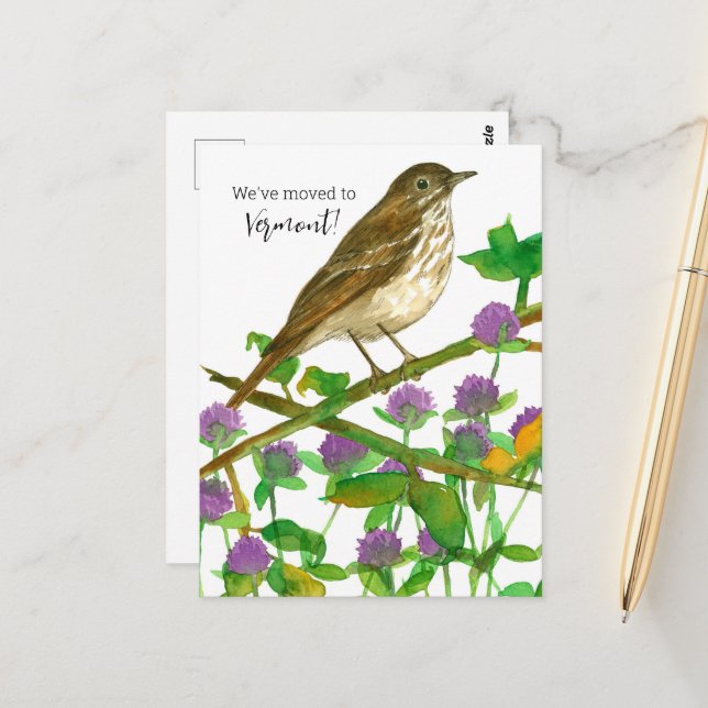 Moving Announcement Vermont Hermit Thrush Clover Postcard (Front/Back In Situ)