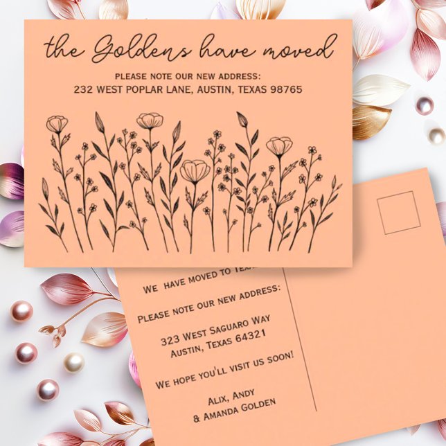 MOVING ANNOUNCEMENT Wildflowers Simple Custom Postcard (Custom address change new home postcard with simple elegant wildflower design in peach fuzz)