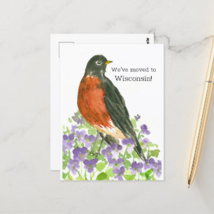 Moving Announcement Wisconsin Robin Violets Postcard