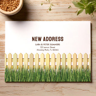 Moving Announcement with picket fence and garden