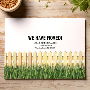 Moving Announcement with picket fence and garden Postcard