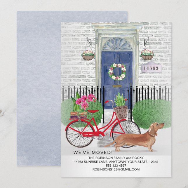 Moving Brown Dachshund Dog Bicycle Door New Home  Announcement (Front/Back)