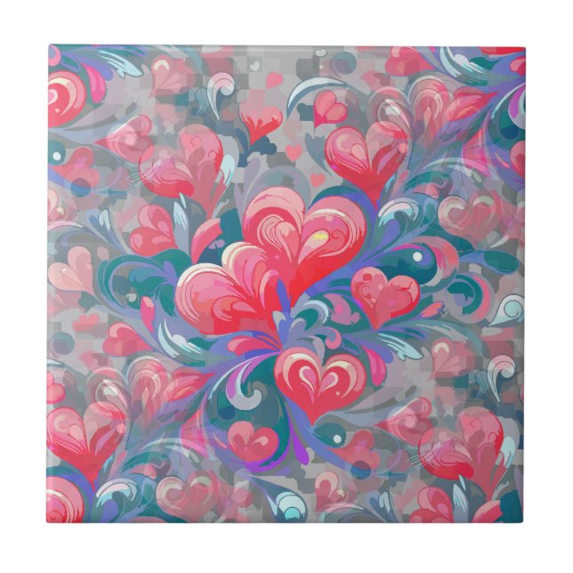 Moving hearts pattern, red and blue. ceramic tile (Front)