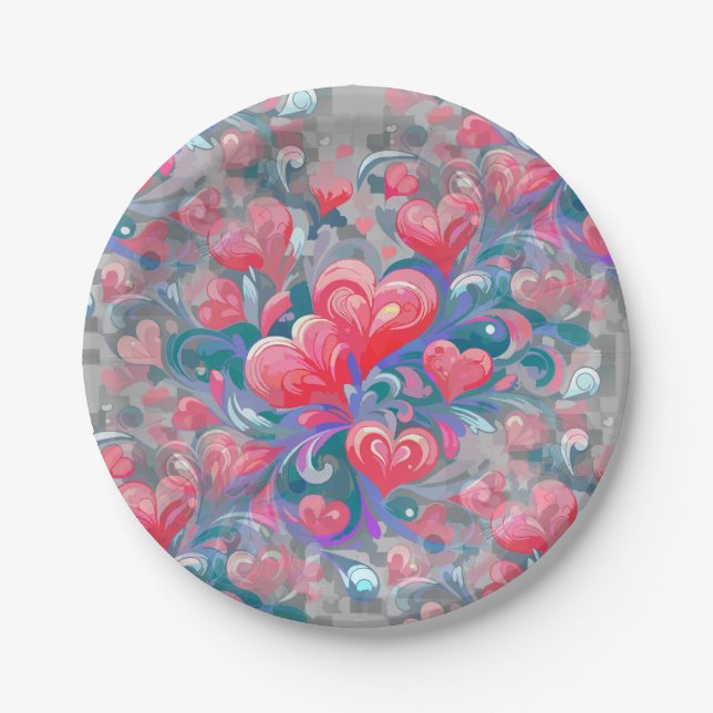 Moving hearts pattern, red and blue. paper plate (Front)