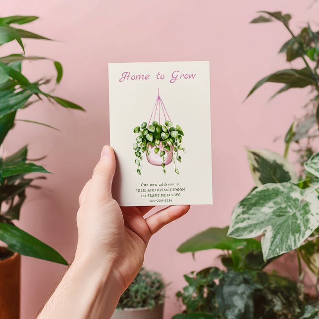 Moving Home to Grow New Address Announcement (“Home to Grow” moving announcement card. Watercolor illustration of a pink hanging plant pot.)