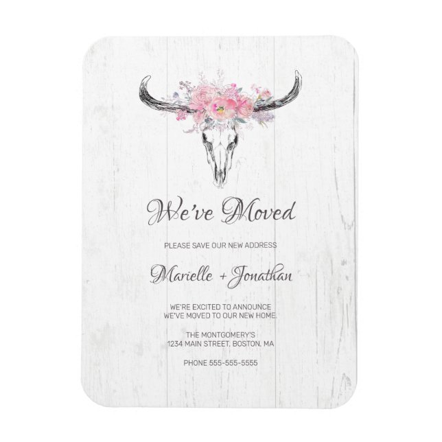 Moving New Address Rustic Cow Skull Boho Floral Magnet (Vertical)