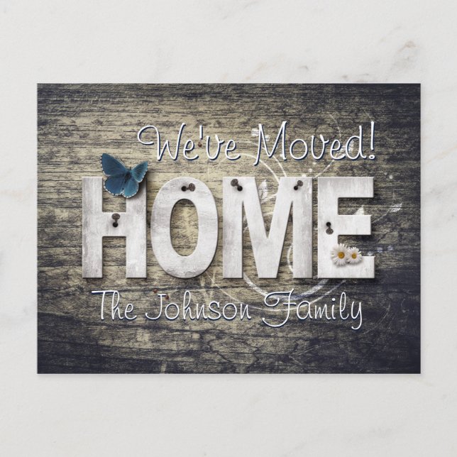 Moving Notification New Address Rustic Wood HOME Postcard (Front)