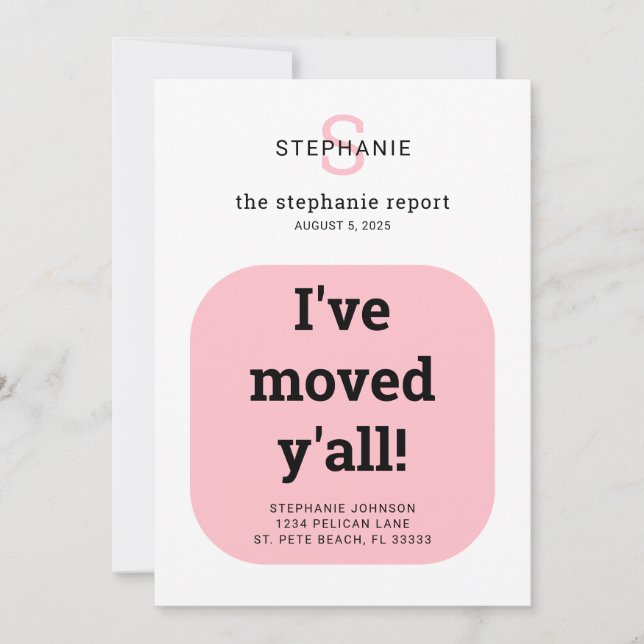 Moving Simple Modern Typography Pink New Address Announcement (Front)