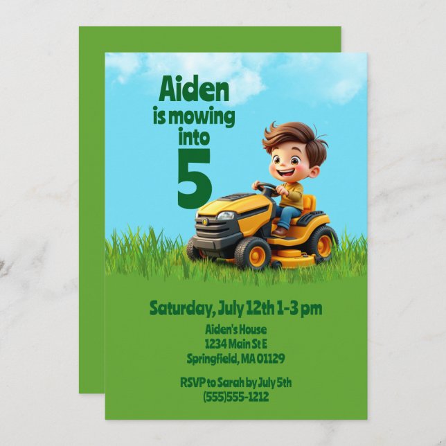 Mowing Into Lawn Mower Birthday Party Invitation (Front/Back)
