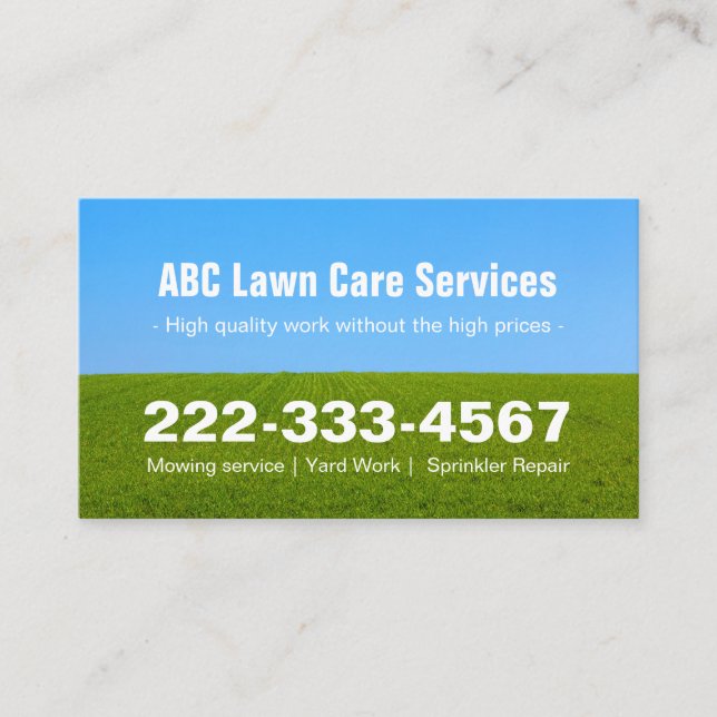 Mowing Lawn Care Green Field Grass Blue Sky Business Card (Front)