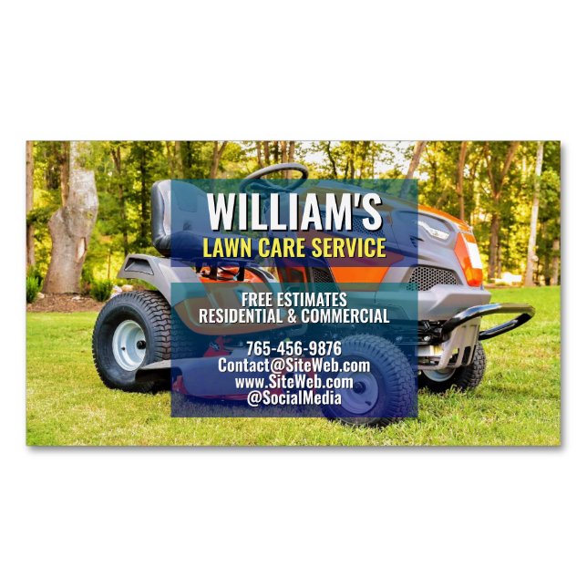 (Mowing Service) Lawn Care & Landscaping | Mower Magnetic Business Card (Front)