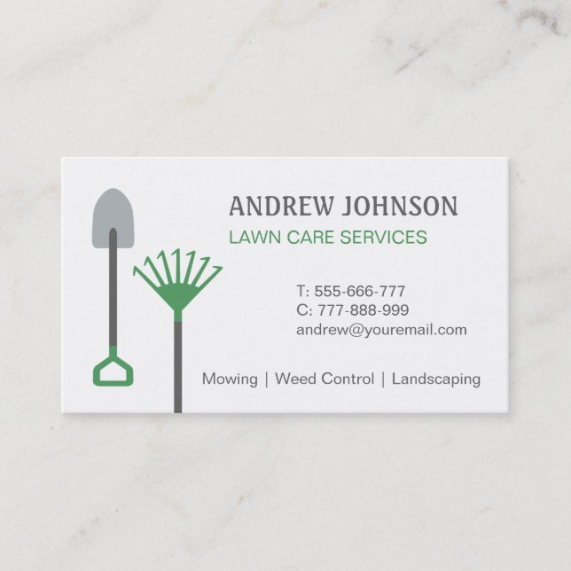 Mowing Tools Spade and Rake Lawn Care Business Card (Front)