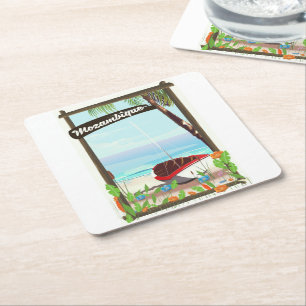 Mozambique Fishing boat cartoon vacation poster Square Paper Coaster