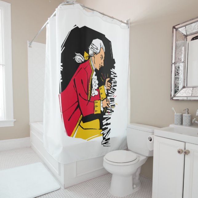 Mozart plays piano shower curtain (In Situ)