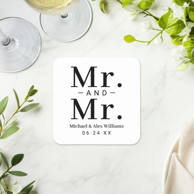 Mr and Mr Black and White Custom Wedding Monogram Square Paper Coaster (Creator Uploaded)