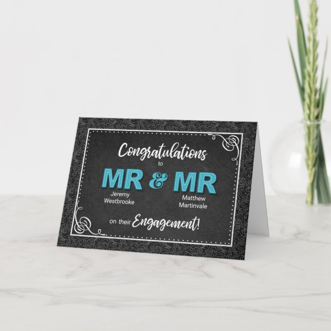 Mr and Mr Black Damask Engagement Congratulations Card (Front)