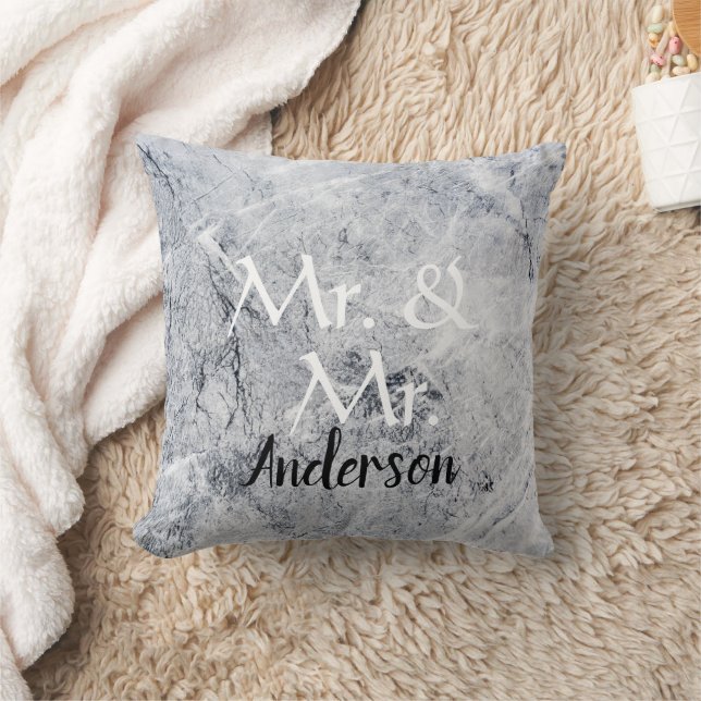 Mr. and Mr. Custom name grey marble gay wedding Cushion (Blanket)
