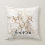 Mr. and Mr. Custom name marble gay wedding Cushion<br><div class="desc">Modern elegant,  Mr. and Mr. White marble pattern,  script,  Gay Wedding pillow.
You can personalise it and add your own text and name.</div>