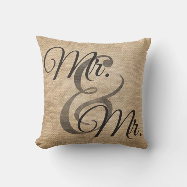 Mr and Mr Gay Burlap Wedding Personalised Cushion (Front)