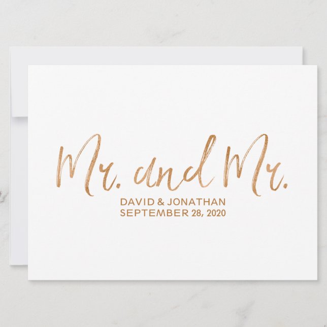 "Mr. and Mr." Gay Wedding Sign | Stylish Copper Save The Date (Front)