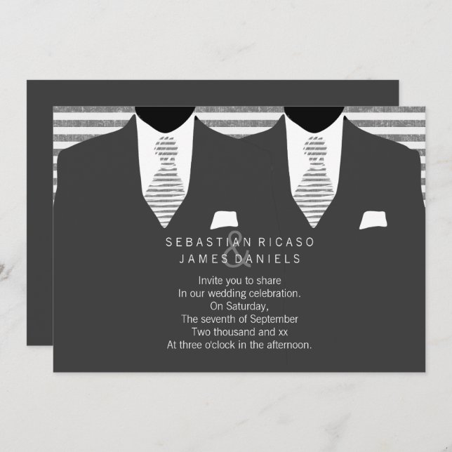 Mr and Mr Grey Suit and Tie Gay Wedding Invitation (Front/Back)
