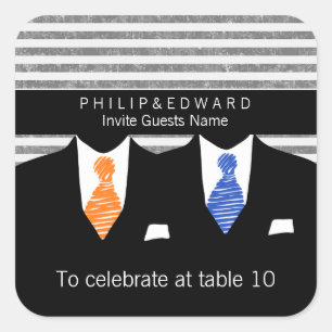 Mr and Mr Orange And Blue Gay Wedding Table Number Square Sticker