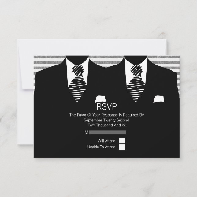 Mr and Mr Suit and black Ties Gay Wedding RSVP Card (Front)