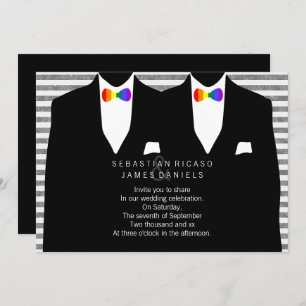 Mr and Mr Suit and Rainbow Bow Tie Gay Wedding Invitation