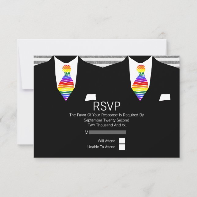 Mr and Mr Suit and Rainbow Tie Gay Wedding RSVP (Front)