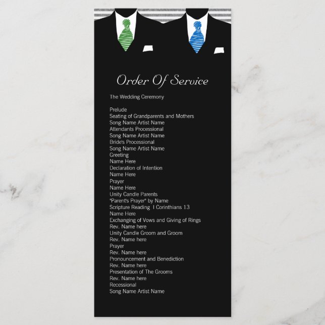 Mr and Mr Suit and Tie Gay Wedding Service Order Program (Front)