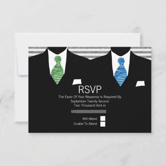 Mr and Mr Suit Green Blue Ties Gay Wedding RSVP V1 (Front)