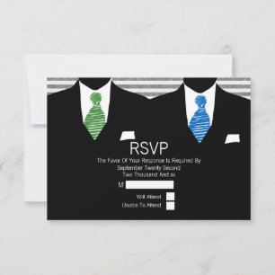 Mr and Mr Suit Green Blue Ties Gay Wedding RSVP V2 Card