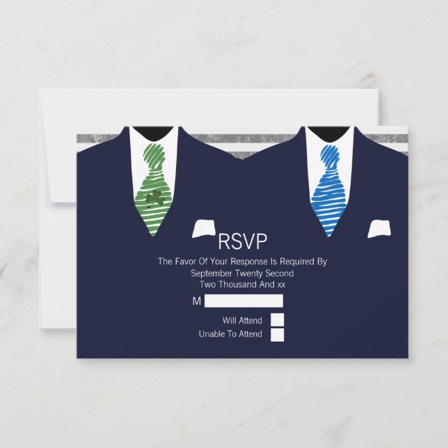 Mr and Mr Suit Green Blue Ties Gay Wedding RSVP V3 Card (Front)