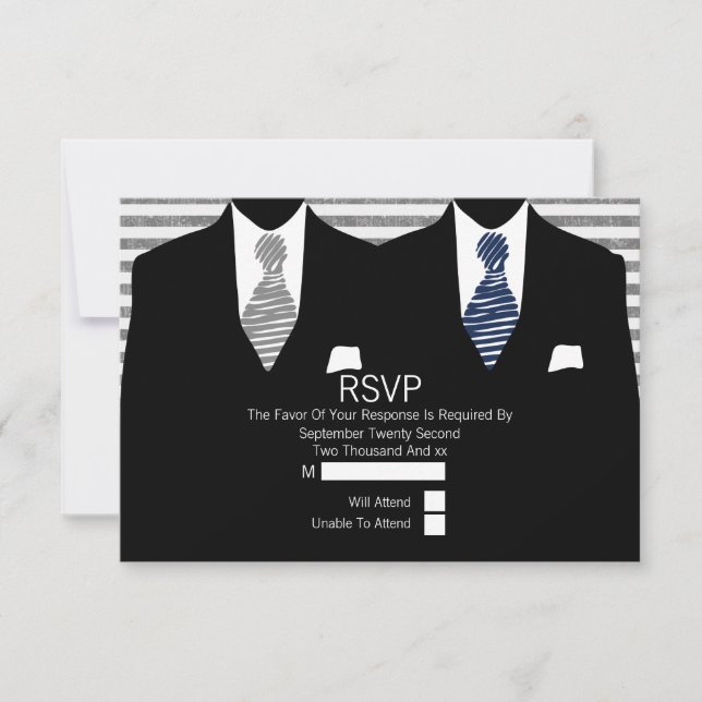 Mr and Mr Suit Grey Navy Ties Gay Wedding RSVP (Front)