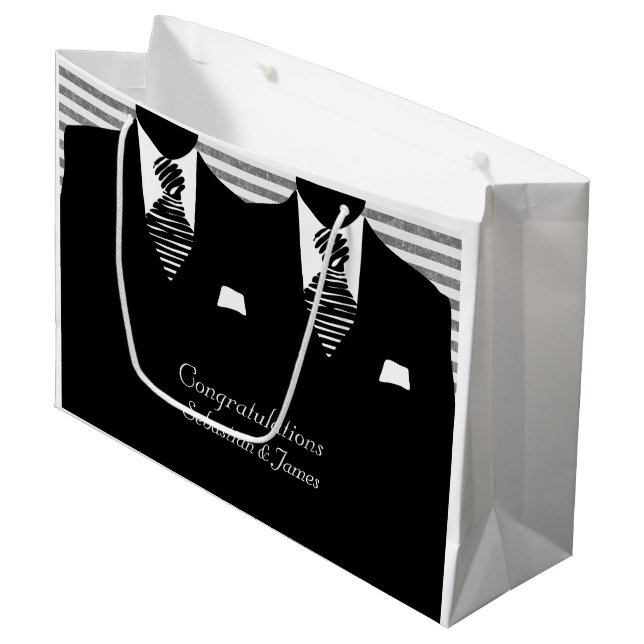 Mr And Mr Suits Black Wedding Personalised Large Gift Bag (Front Angled)