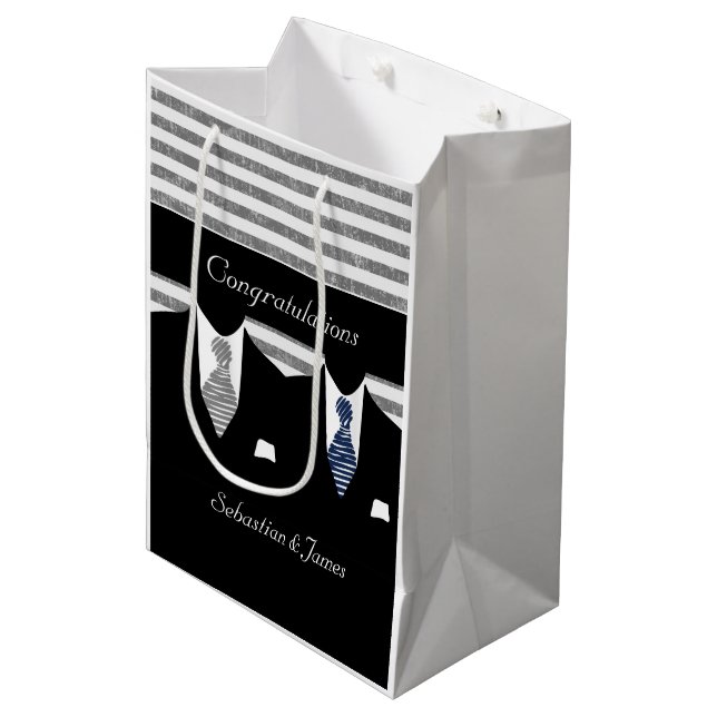 Mr And Mr Suits Wedding Personalised Blue Grey Medium Gift Bag (Front Angled)