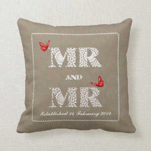 Mr and Mr White Lace  Word Art  Red Butterflies Cushion