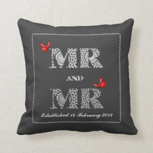 Mr and Mr White Lace  Word Art  Red Butterflies Cushion