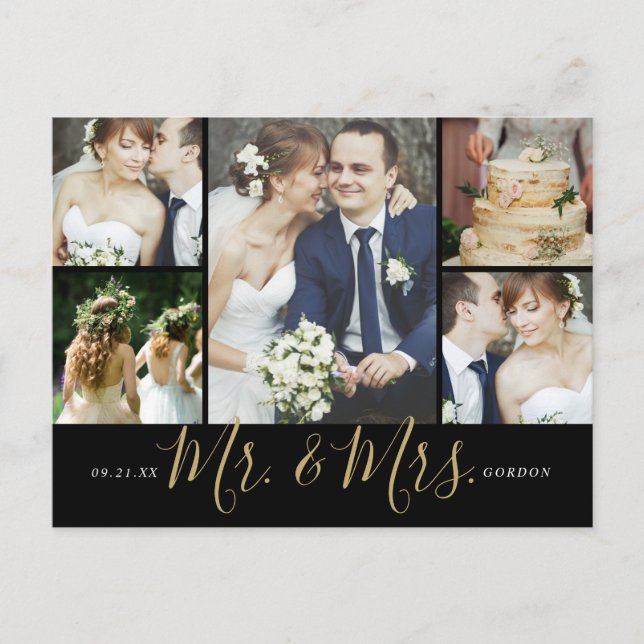 Mr. and Mrs. 5 Photo Collage Wedding Thank You Postcard (Front)