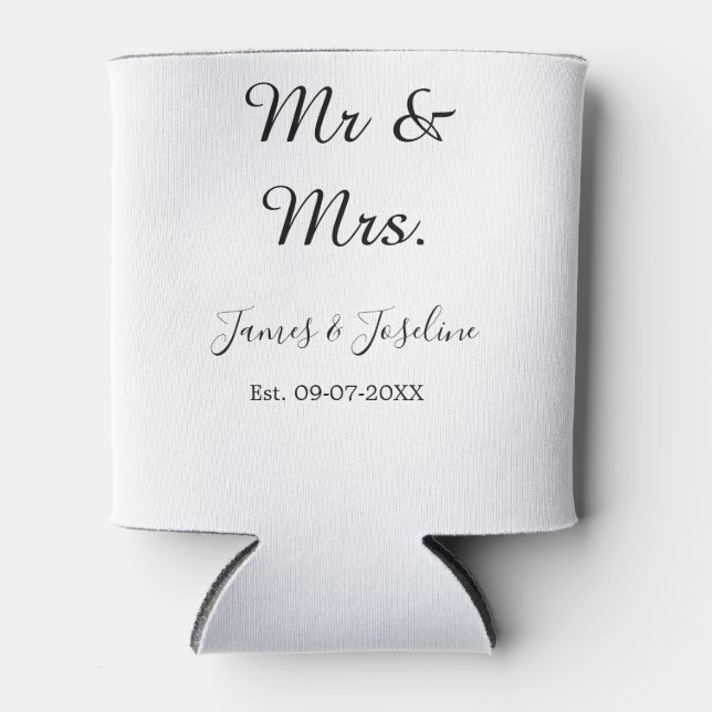 Mr and Mrs add name est. Date year wedding couple  Can Cooler (Front)