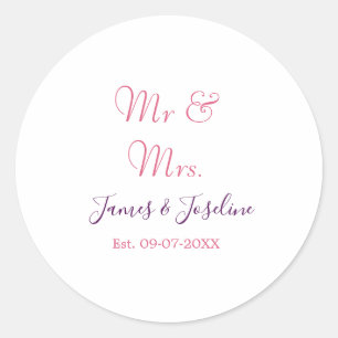 Mr and Mrs add name est. Date year wedding couple Classic Round Sticker